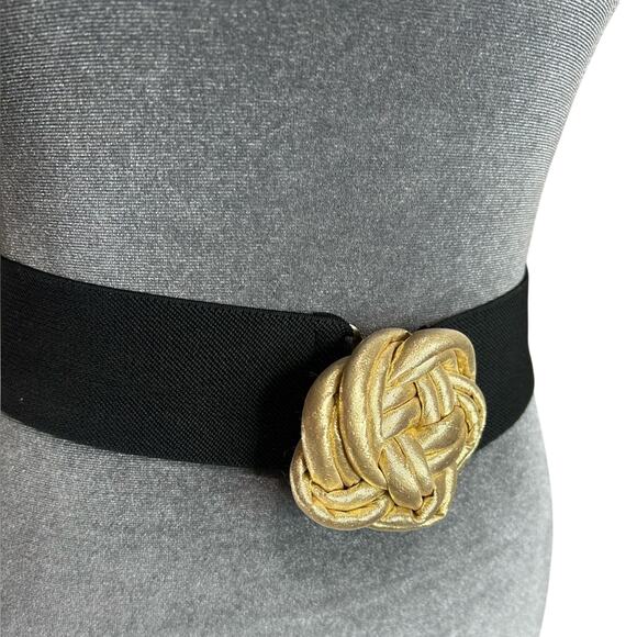 Vintage Waist Belt- 3d puffy Clasp - Gold Fabric- Black Stretch M/L, some wear - Picture 8 of 8